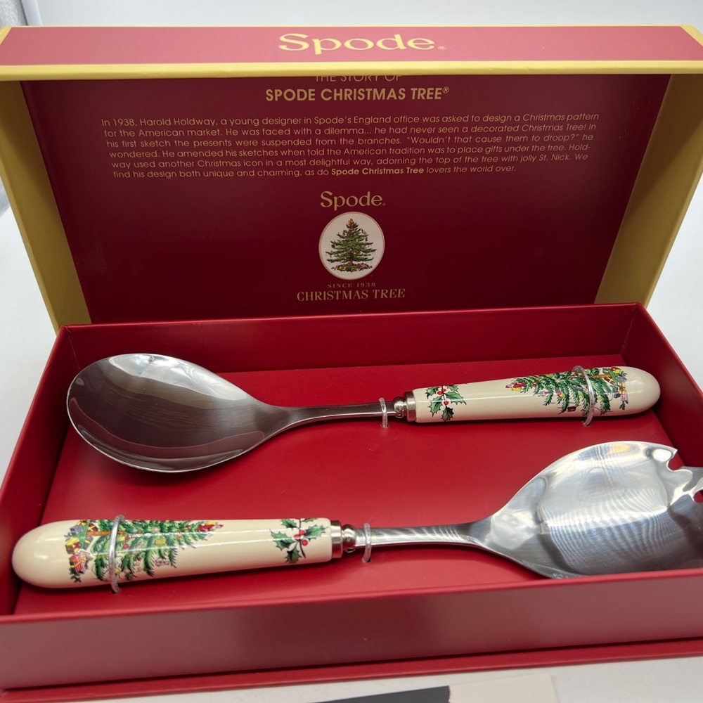 Spode Salad Servers Set, Serving Fork and Spoon, Christmas tree, Holiday, In Box